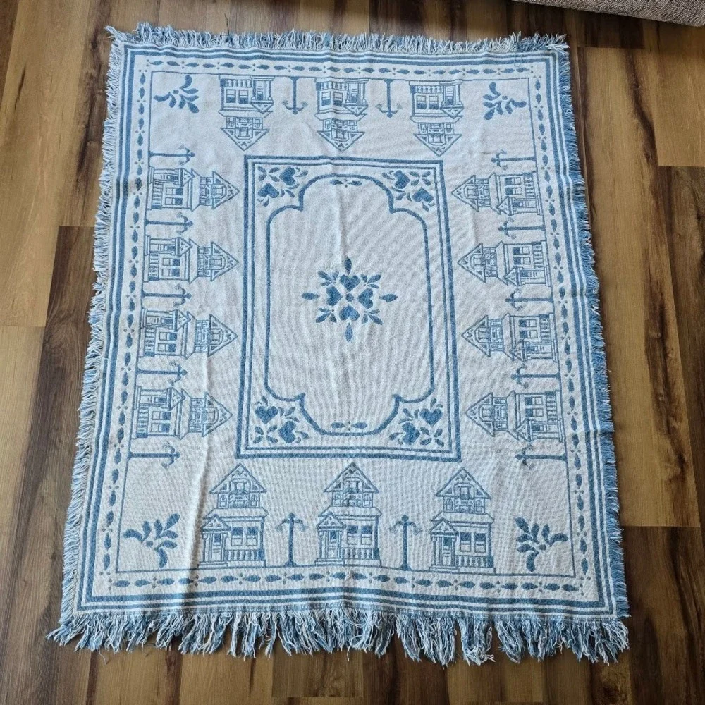 Vtg 80s/90s Blue Victorian House Woven Throw Blanket Hearts Country Cottagecore‎